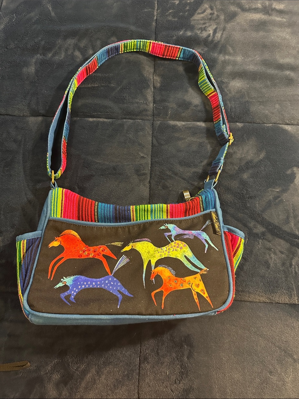 Laurel Burch Multicolor Horse Motif Shoulder Bag with Black Panel